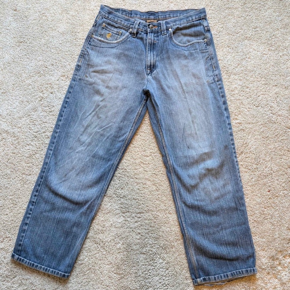 Y2K Distressed Rocawear Mens Jeans Blue Straight Leg Distressed Size 32x34
